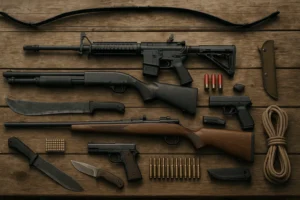 Flat lay of prepper weapons including AR-15 rifle, shotgun, .22 rifle, pistol, bow, machete, and survival knives on wooden table.