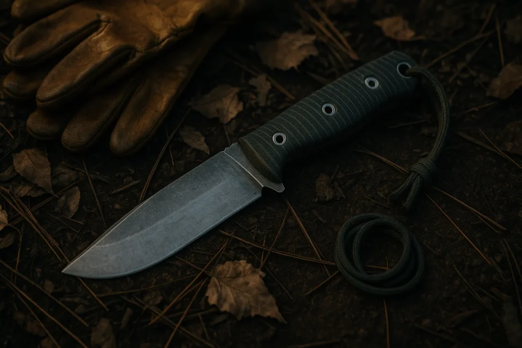 Fixed-blade survival knife on forest ground with gloves and paracord, realistic outdoor prepper setting.