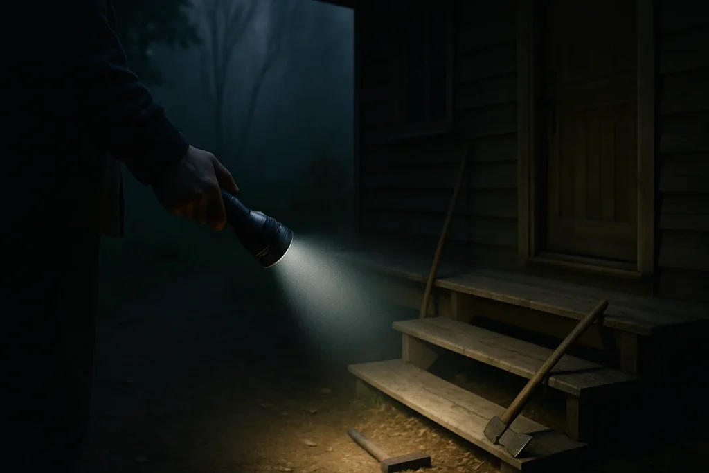 Hand holding a heavy-duty flashlight outside a cabin during a power outage.