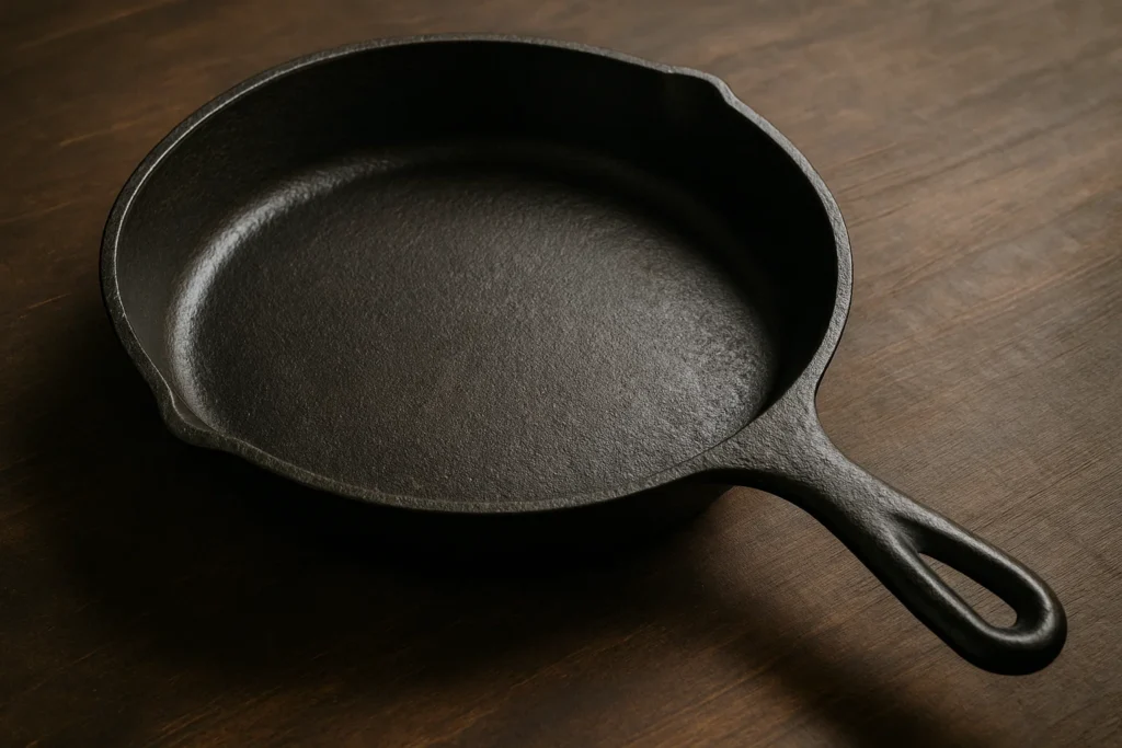 Cast-iron skillet on a wooden table in warm natural light.