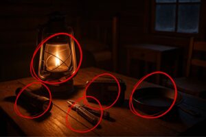 Lantern lighting a wooden table with survival tools, flashlight, radio, multi-tool, and cast-iron skillet ready for a power outage.