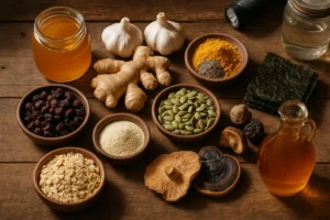 Immunity superfoods for survival displayed on a wooden table: honey, garlic, ginger, turmeric with pepper, dried berries, pumpkin seeds, oats, seaweed, medicinal mushrooms, bone broth powder, and apple cider vinegar.