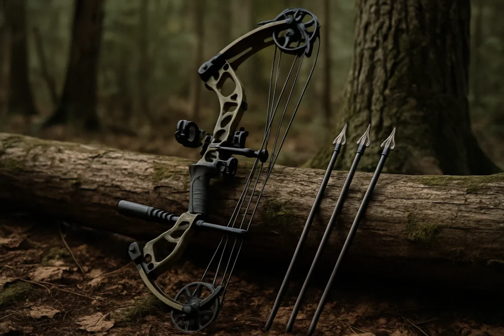 Compound bow and arrows resting on a fallen tree in a forest, realistic survival and hunting setup for silent prepper use.