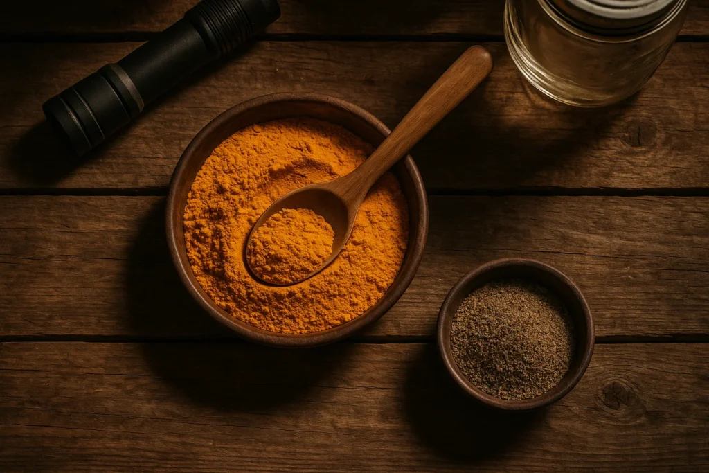 Bowl of turmeric powder with wooden spoon and bowl of black pepper on a rustic wooden table, with a flashlight and jar in the background. Immune-boosting survival spices.