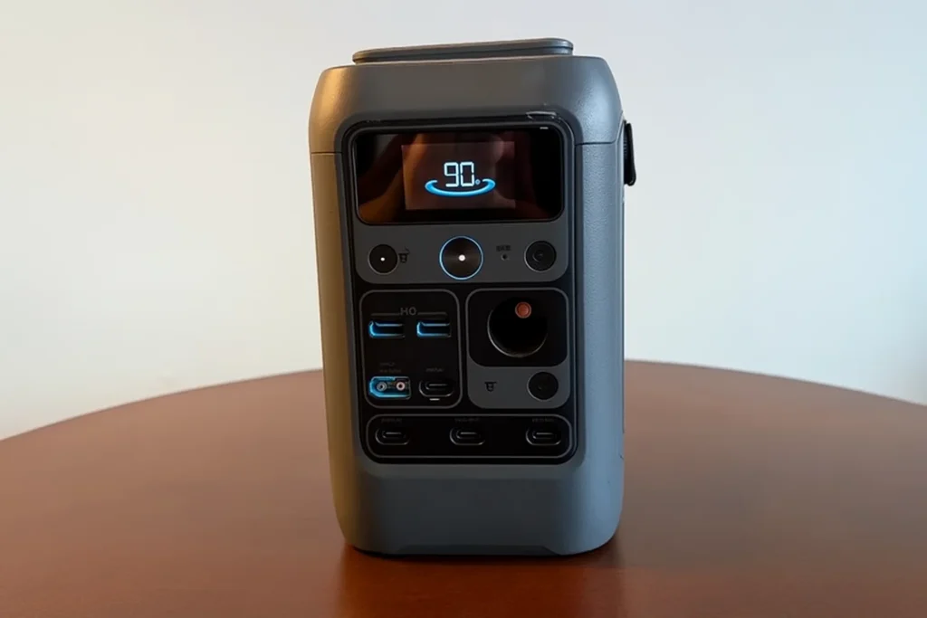 Compact portable power station showing battery level and charging ports.