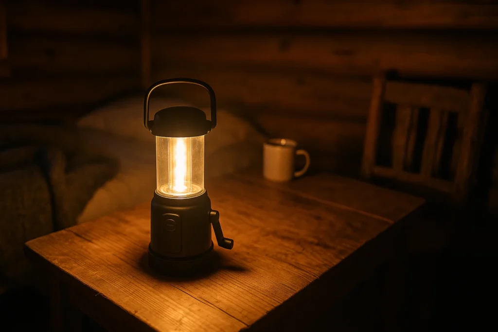 Crank lantern glowing on wooden table in cozy cabin during a power outage.
