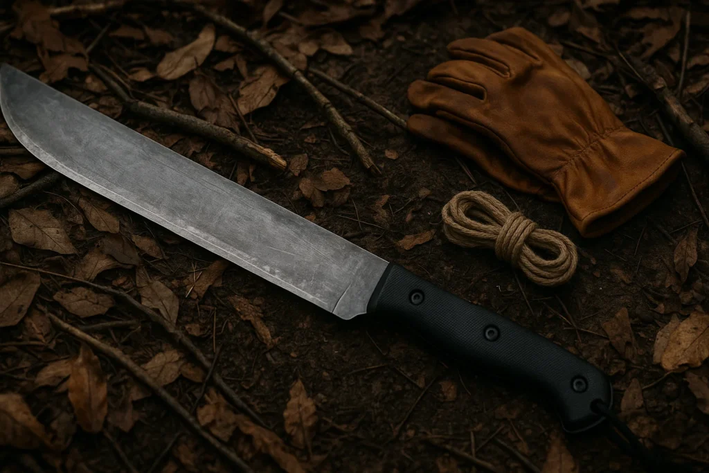 Survival machete lying on forest ground with leather gloves and rope, outdoor prepper gear setup.