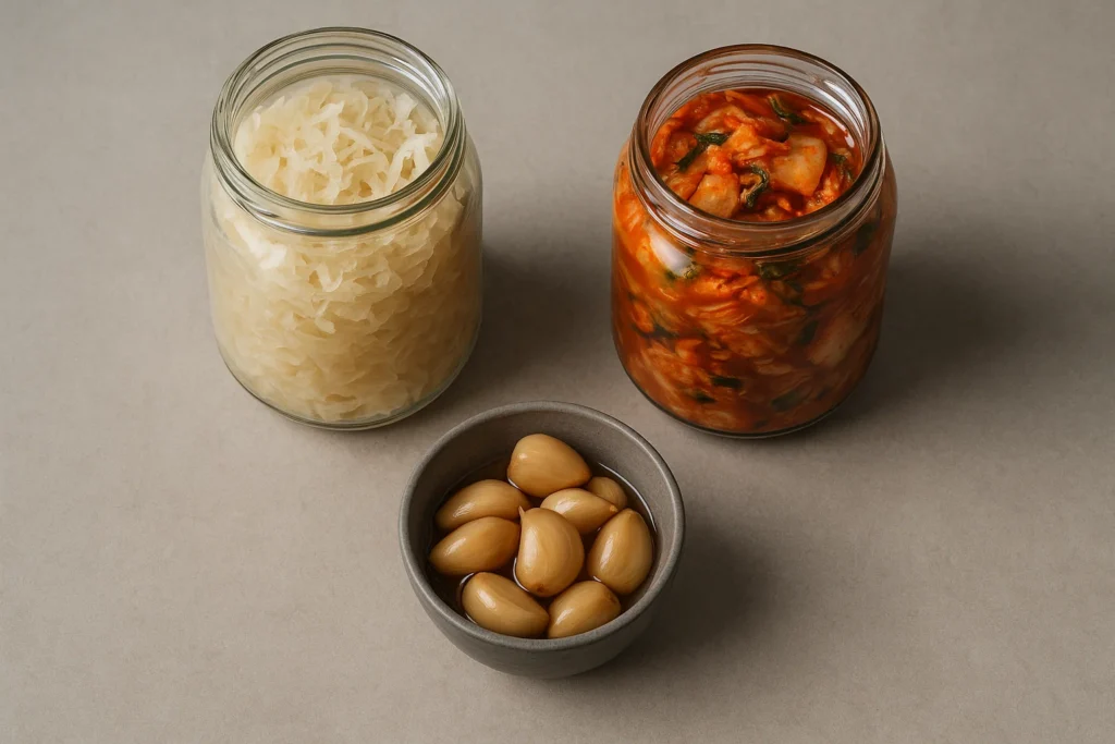 Jars of sauerkraut and kimchi with a bowl of fermented garlic on a neutral background, showing long-lasting probiotic foods for survival prepping.
