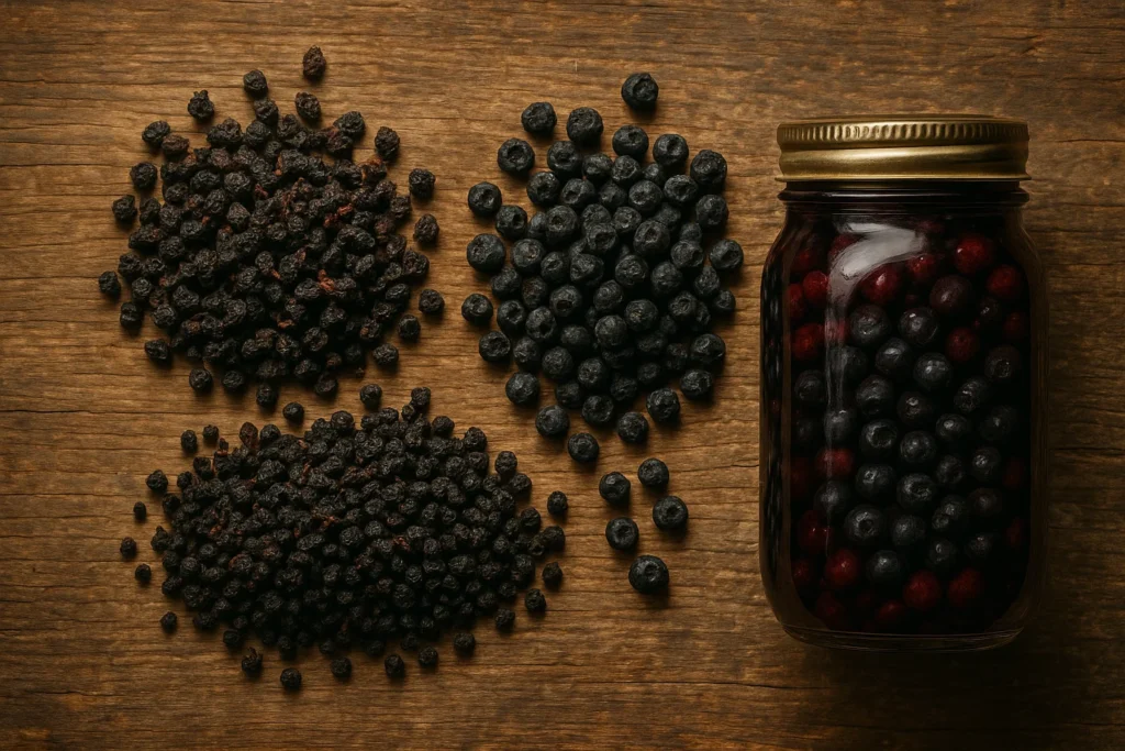 Dried elderberries and blueberries arranged on a rustic wooden table beside a jar of canned berries. Long-lasting antioxidant-rich survival foods.