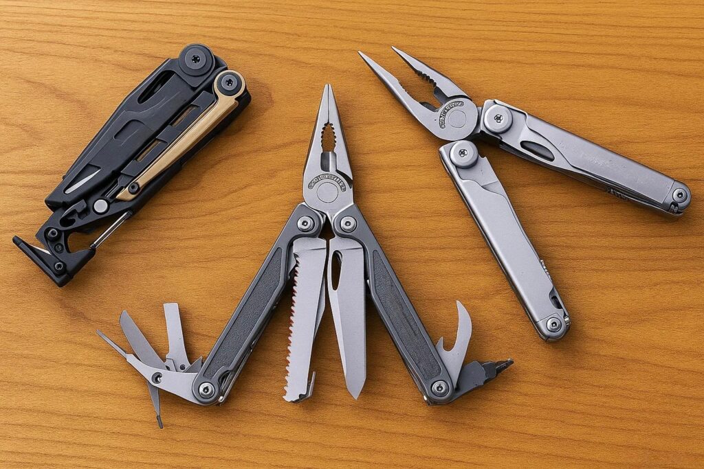 Multi-tools with pliers, blades, and screwdrivers laid out on a wooden table.