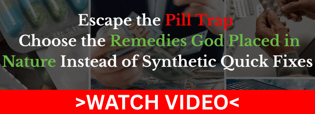 Banner promoting natural remedies with a message about avoiding synthetic pills, featuring images of medication and a call-to-action to watch the video.