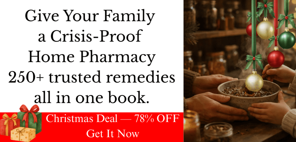 Crisis-proof home pharmacy guide showing natural herbal remedies with a Christmas discount offer.