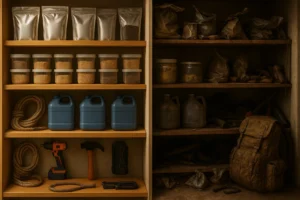 Organized prepper food storage on the left and messy, poorly stored supplies on the right, showing the contrast between smart prepping and common mistakes that waste money and space.
