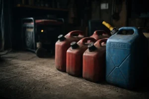 Stored gasoline and diesel fuel containers in a garage with an idle generator, illustrating fuel storage shelf life and degradation over time.