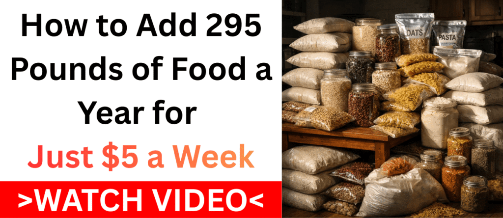 Long term food storage with bags and jars of rice beans pasta and oats, showing affordable emergency food planning at home.