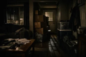 Cluttered hallway with stacked boxes and storage bins blocking movement inside a home, showing how clutter can delay evacuation during a crisis.