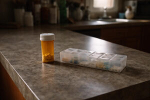 Prescription bottle and pill organizer on a kitchen counter, showing dependence on routine medication during supply chain shortages
