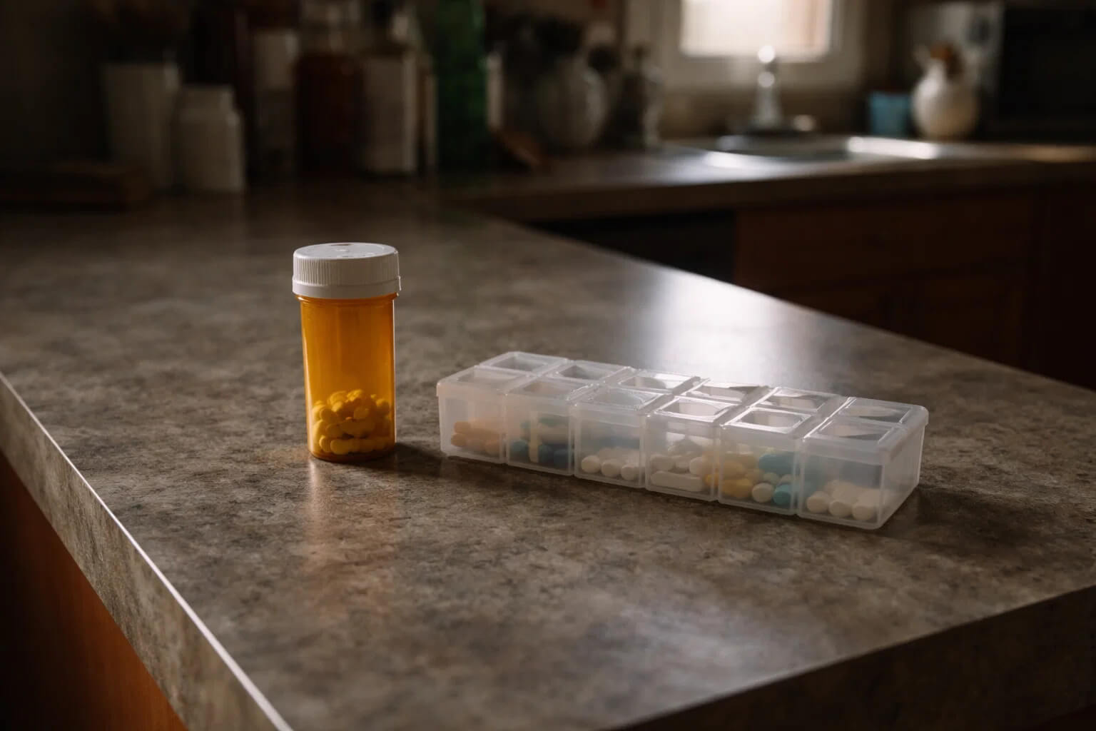 Prescription bottle and pill organizer on a kitchen counter, showing dependence on routine medication during supply chain shortages