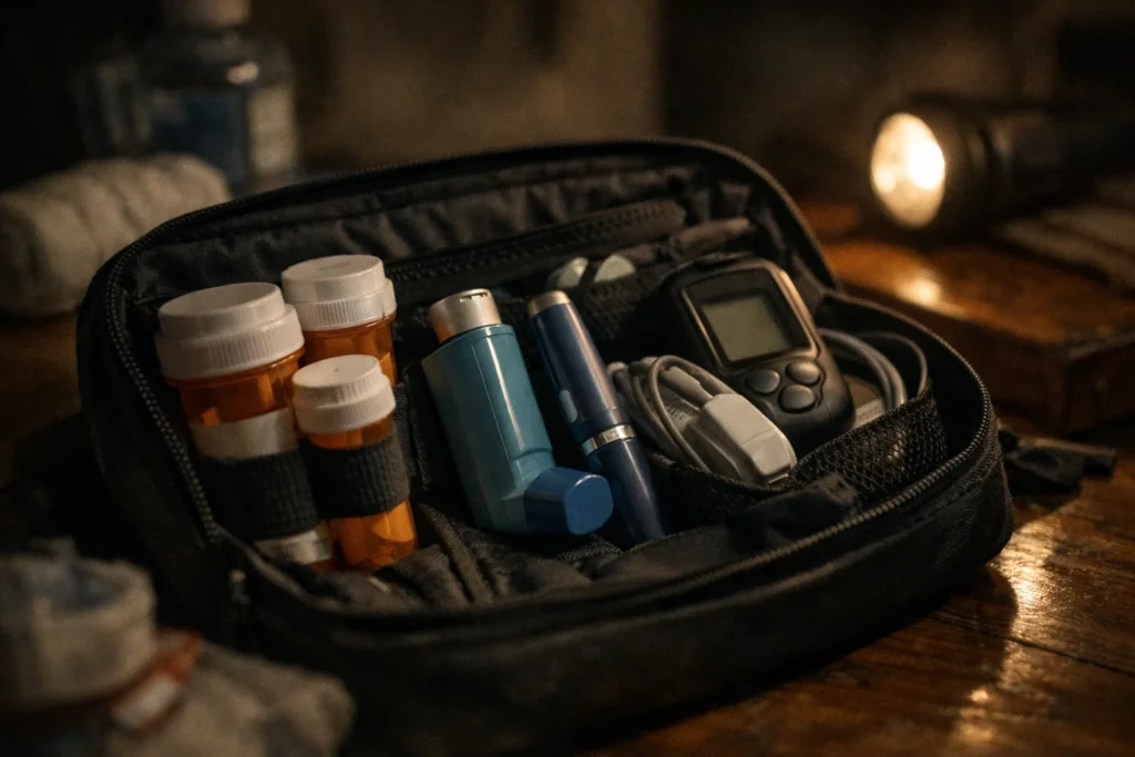 Emergency medical kit with prescription medications, inhaler, and medical device staged for quick access, showing why medical dependencies must be reachable during a crisis.