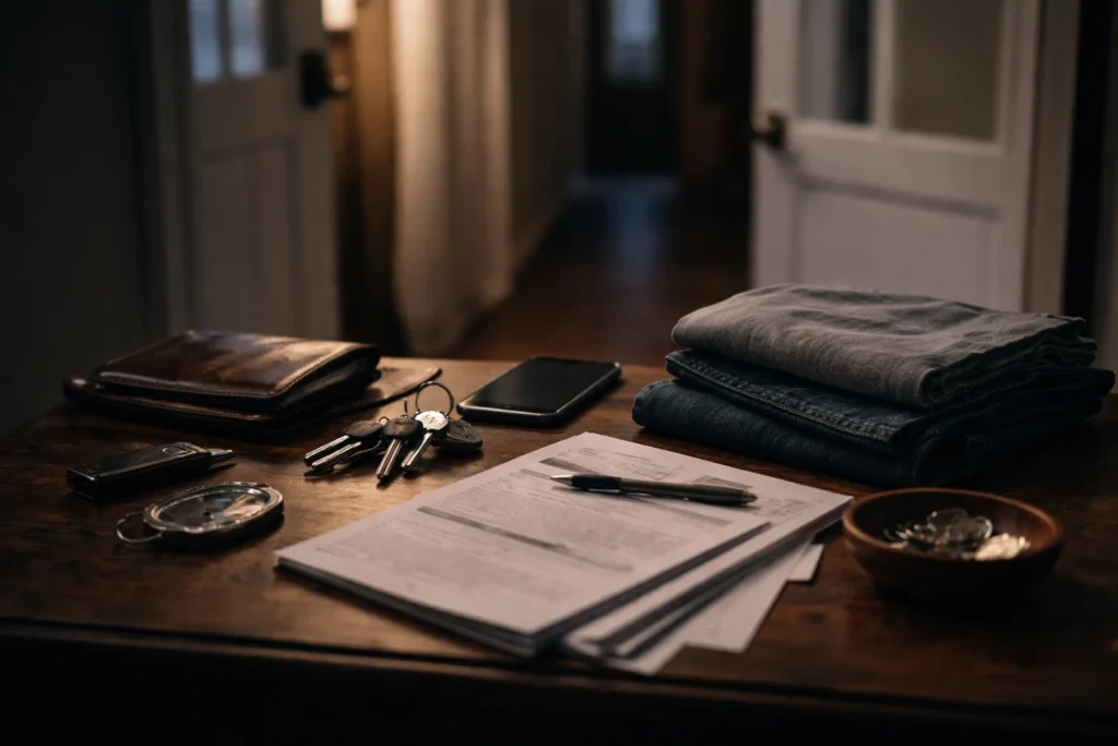 Personal items laid out on a table near an exit, including keys, documents, phone, and clothes, showing how too many choices can delay evacuation during a crisis.
