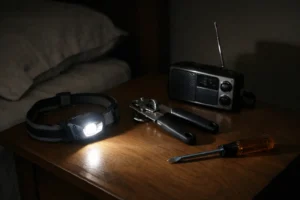 Small tools for power outages on a bedside table during a blackout, including a headlamp, manual can opener, screwdriver, and radio.