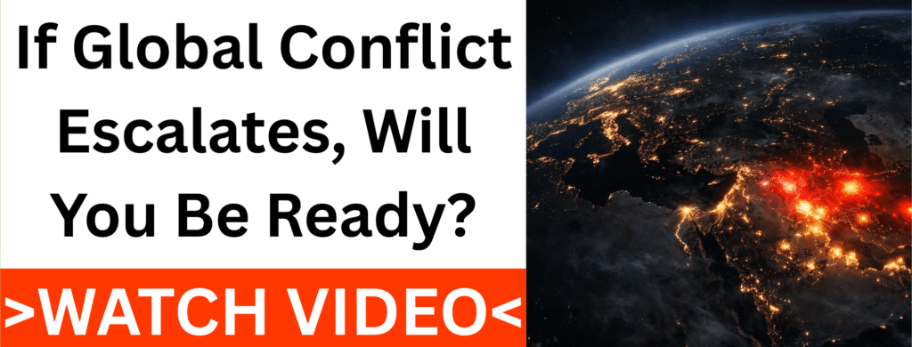 Earth at night with glowing global conflict hotspots and headline asking if you are ready for escalating global tensions