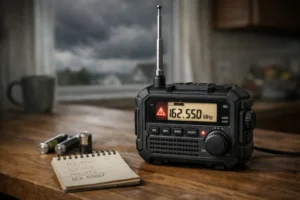 Emergency weather radio tuned to 162.550 MHz NOAA frequency with antenna extended, alert icon active, batteries and handwritten weather band notes on table during storm