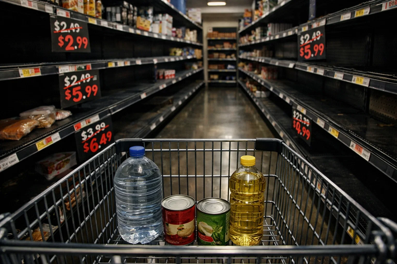 Grocery store shelves nearly empty with rising prices and survival items like water canned food and cooking oil in shopping cart