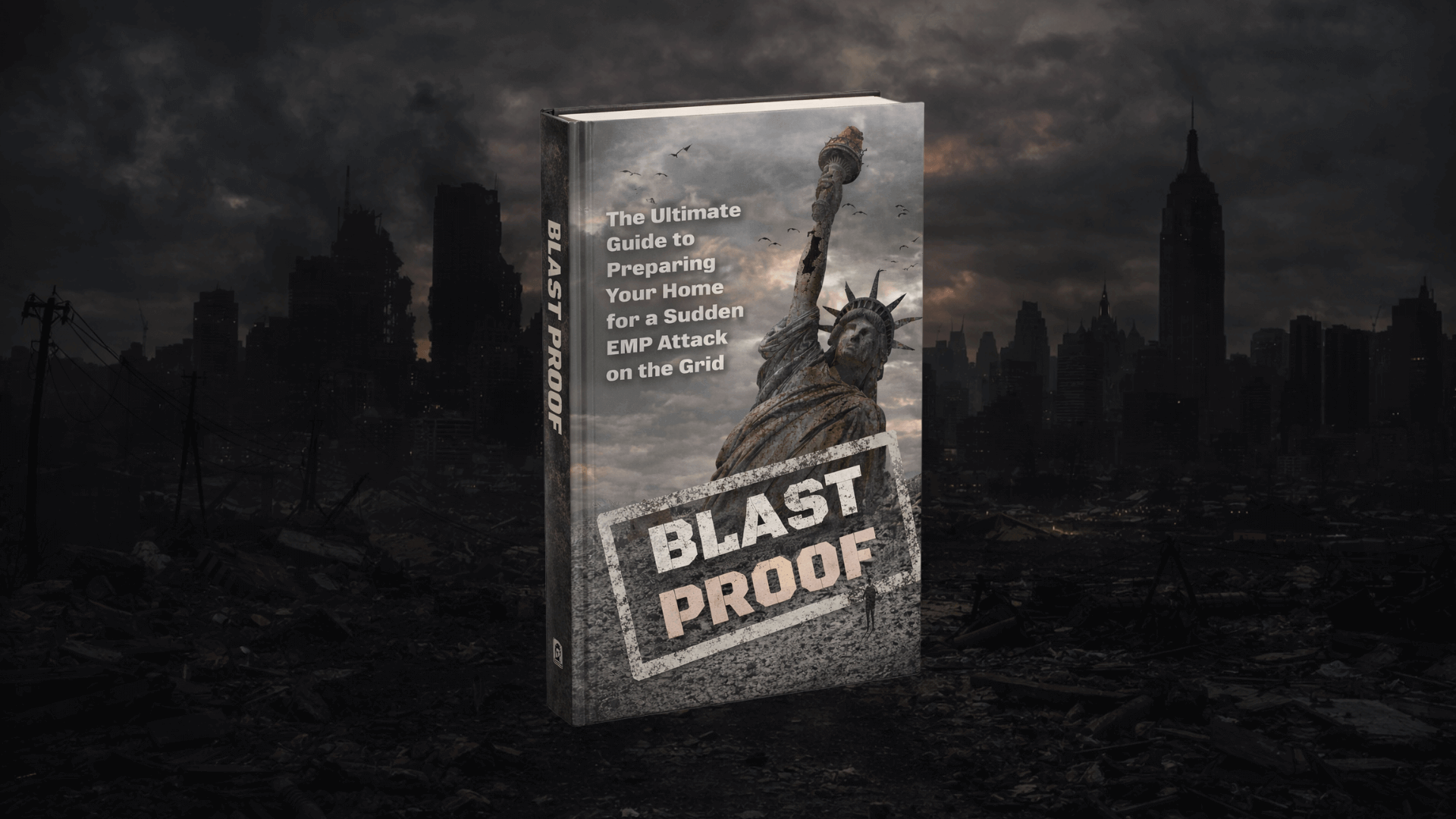 David’s Shield EMP survival guide book cover with Statue of Liberty and dark city skyline symbolizing grid collapse preparedness