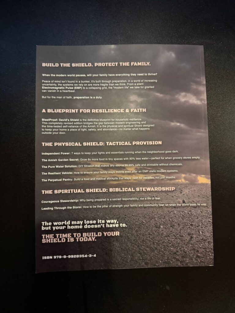 Back cover of David’s Shield survival guide showing EMP preparedness strategies, off-grid living methods and family protection plan