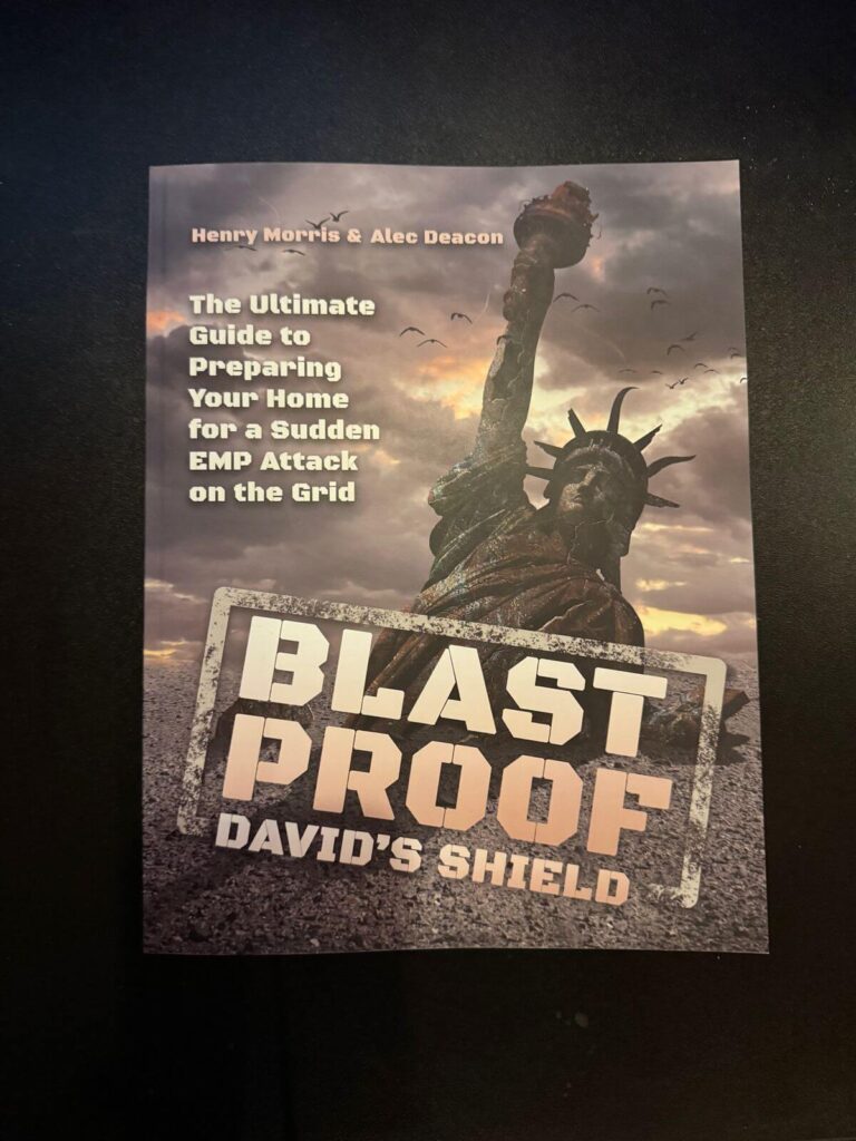 David’s Shield book cover showing EMP attack survival guide with Statue of Liberty damaged and post-collapse scenario