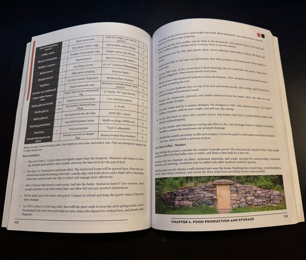 David’s Shield review showing root cellar bunker construction guide and food storage survival techniques inside the book