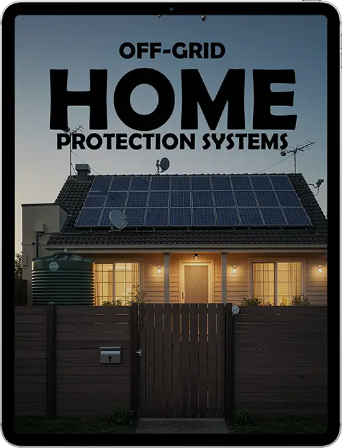 Off-Grid Home Protection Systems bonus guide from BlastProof David’s Shield showing a solar powered home prepared for grid-down security