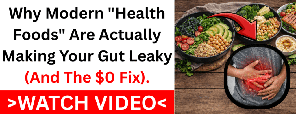 A medical comparison showing how modern healthy salad bowls can cause gut inflammation and leaky gut syndrome, featuring a $0 natural healing remedy from Dr. Nicole Apelian.