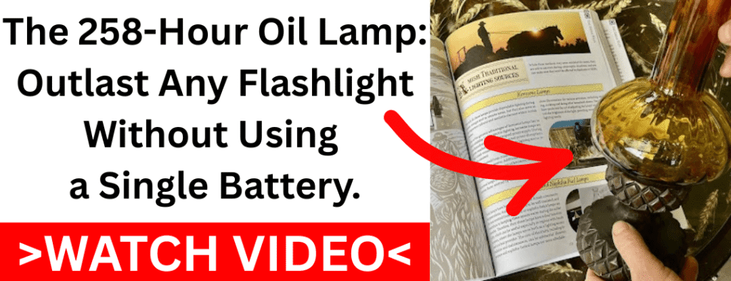 The 258-hour Amish oil lamp project from The Amish Ways survival book, demonstrating off-grid lighting secrets that outlast flashlights and batteries.