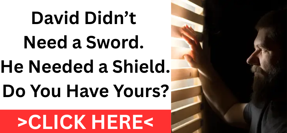 A dramatic survival marketing banner featuring a man with a beard looking through wooden window slats in a dark room. On the left, bold text reads: "David Didn’t Need a Sword. He Needed a Shield. Do You Have Yours?" A bright red button at the bottom says ">CLICK HERE<" in white.