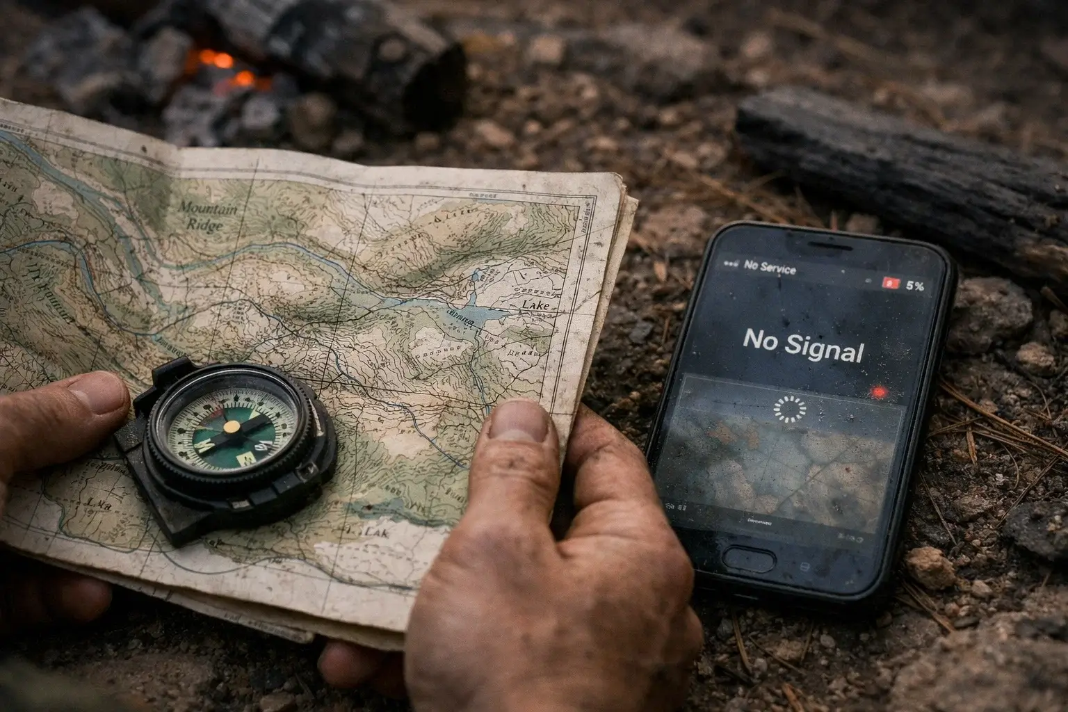 A close-up of dirty hands holding a physical USGS 1:24,000 scale map and compass next to a dark smartphone displaying "No Signal" during a grid-down survival situation.