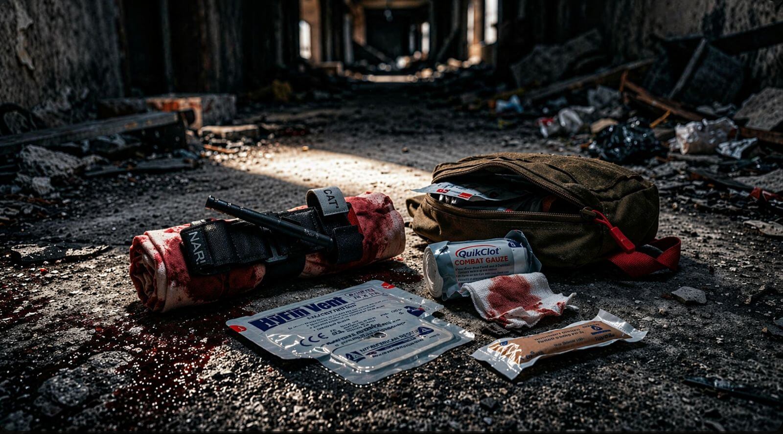 A Combat Application Tourniquet (CAT), QuikClot hemostatic gauze, and HyFin vented chest seal laid out on a gritty concrete floor after an emergency deployment to stop the bleed.