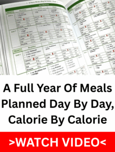 Open survival guide showing a printed one year meal plan with daily calorie and macronutrient tables