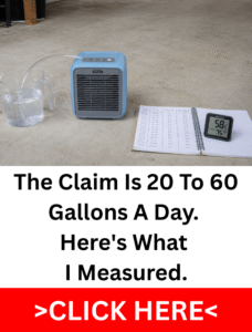 Small portable air cooler connected by tubing to a measuring jug beside a handwritten humidity log and digital hygrometer
