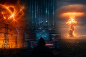 Split image comparing three grid-down threats: solar storm, cyberattack, and nuclear EMP over a city