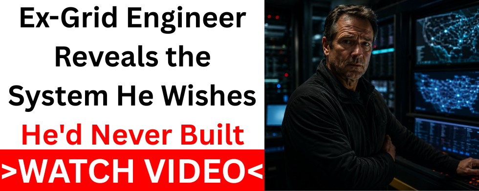 Split image: bold warning text next to a former grid engineer standing in a control room with monitors