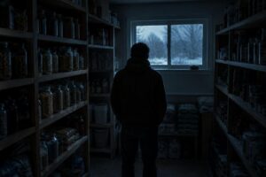 Person seen from behind in a dark stocked pantry, looking out a window at winter snow during a power outage