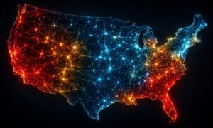 Glowing network map of the United States showing power grid connections in red, orange, and blue