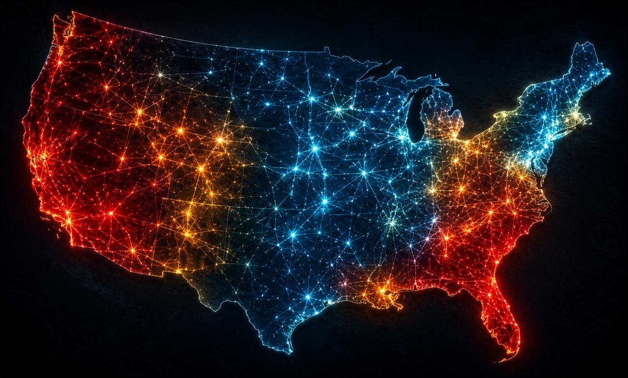 Glowing network map of the United States showing power grid connections in red, orange, and blue