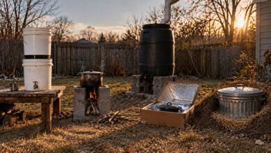 Homemade survival projects set up in a backyard at sunset: a two-bucket water filter, a concrete block rocket stove, a rain barrel, a cardboard solar oven and a buried metal trash can root cellar