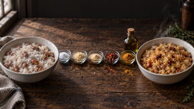Two bowls of rice and beans side by side, one plain and one seasoned, with stockpile seasonings and cooking oil between them