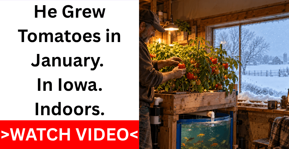 Man picking ripe tomatoes from an indoor aquaponics garden with a fish tank below, while snow falls outside the window in winter