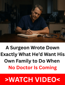 Surgeon writing emergency medical notes at a kitchen table at night beside a stethoscope and family photo