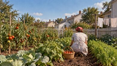 1940s-style backyard victory garden with a woman in a headscarf kneeling between rows of staked tomatoes, cabbage and carrots, a basket of ripe tomatoes beside her